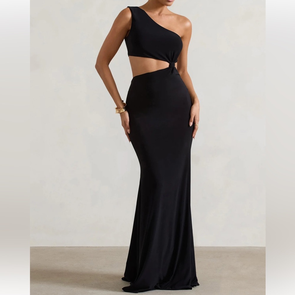 BLACK ASYMMETRIC TWISTED CUT-OUT FISHTAIL MAXI DRESS